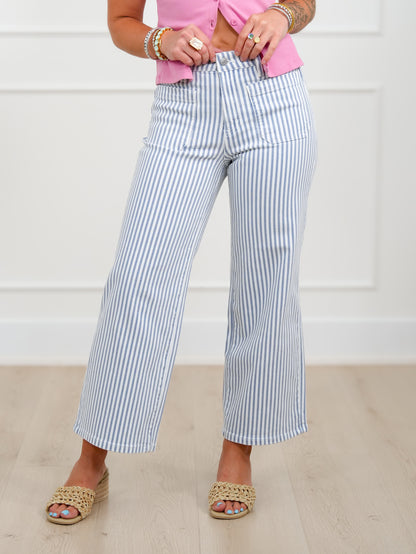 Mica High Rise Blue Striped Cropped Wide Leg Jeans