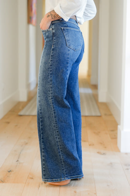 Risen Multi Inseam Dark Wash Wide Leg Seam Front Jeans