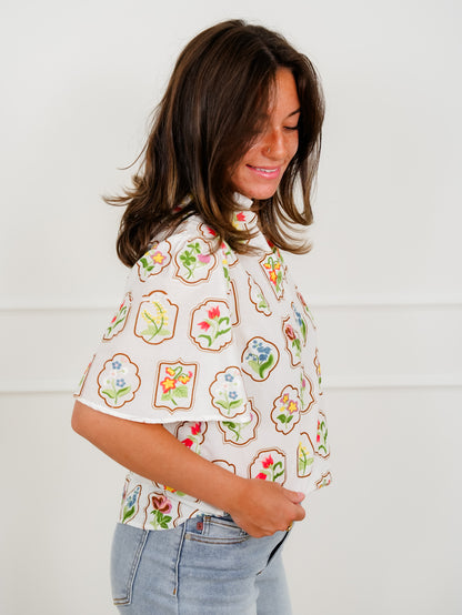 Embroidered Floral Short Sleeve V Neck Top