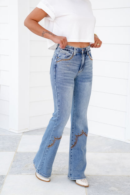 Saige High Rise Medium Wash Tummy Control Flare Jeans With Embroidery