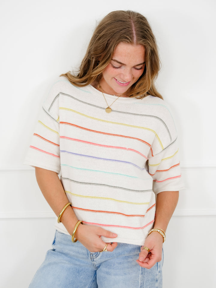 Stripe Short Sleeve Round Neck Pullover Sweater Top
