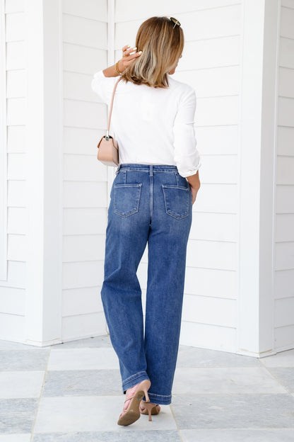 Risen High Rise Medium Wash Adjustable Waistband Wide Leg Pleated Jeans