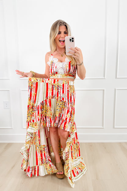 POL Stripe & Floral Print Bralette Top with High Low Skirt Set