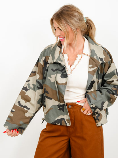 Camo Print Long Sleeve High Neck Button Down Jacket