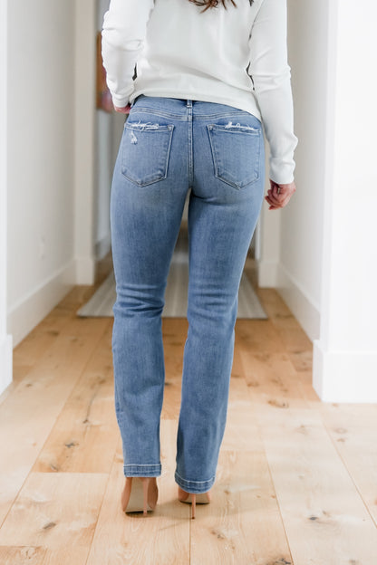 Risen Mid Rise Medium Wash Tummy Control Slim Straight Leg Jeans with Hidden Elastic Waistband