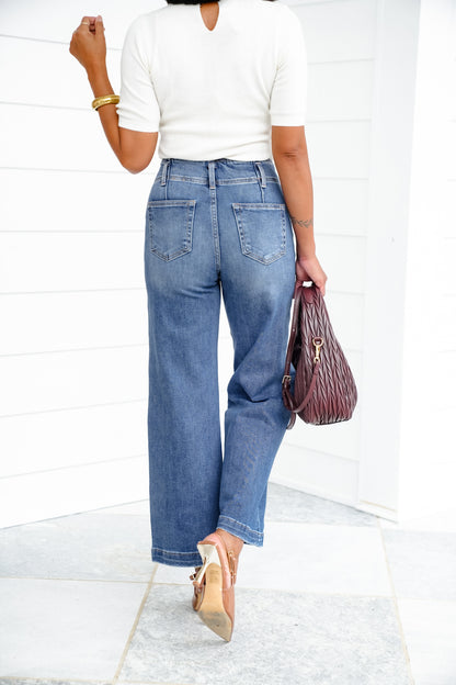 Risen The Statement Straight High Rise Medium Wash Ankle Wide Leg Jeans with Front Seam