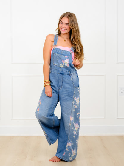 Plus/Reg Light Wash Wide Leg Overalls with Floral Print