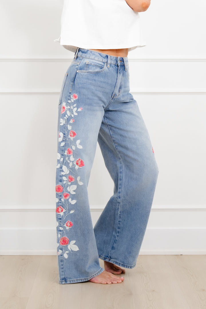 Bayeas High Rise Light Wash Barrel Jeans with Floral Embroidery
