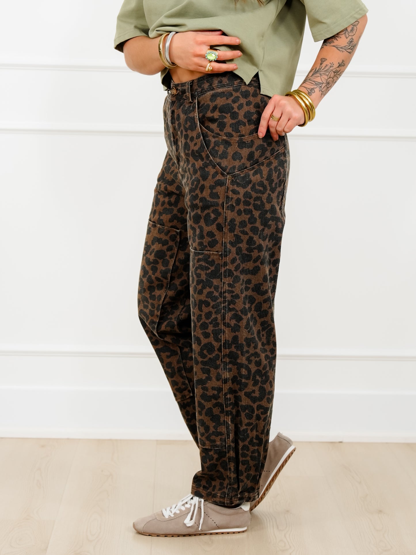 Leopard Print Twill Mid Rise Barrel Pants