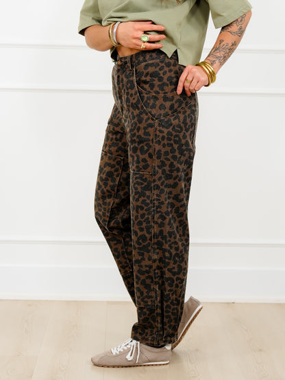 Leopard Print Twill Mid Rise Barrel Pants