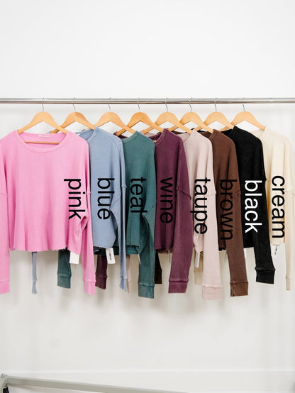 Door Buster! Mineral Wash Waffle Knit Long Sleeve Top - Freckled Poppy