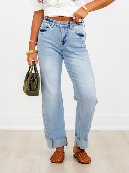 Saige High Rise Medium Wash Tummy Control Straight Leg Cuffed Jeans