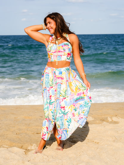 Coastal Print Elastic Waist Button Down Midi Skirt - Freckled Poppy