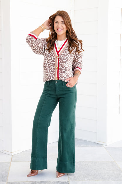 Risen Mid Rise Green Tummy Control Wide Leg Jeans with Large Wide Hem