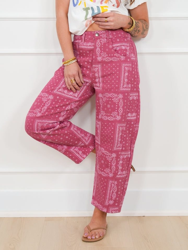 Mauve Bandanna Print High Waist Barrel Pants