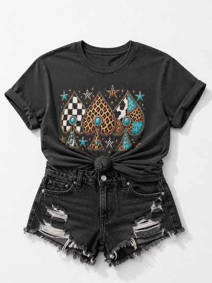 Plus/Reg Short Sleeve Multi Pattern Spades and Stars Western Graphic Tee
