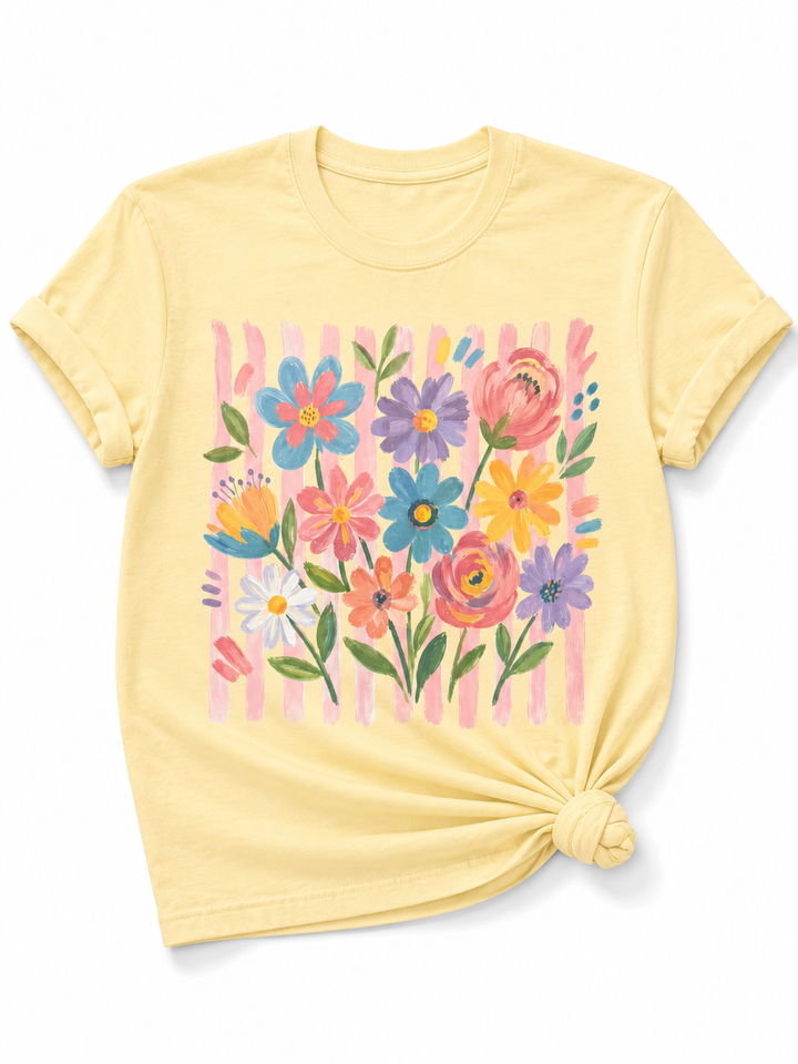 Plus/Reg Short Sleeve Watercolor Florals and Stripes Graphic Tee