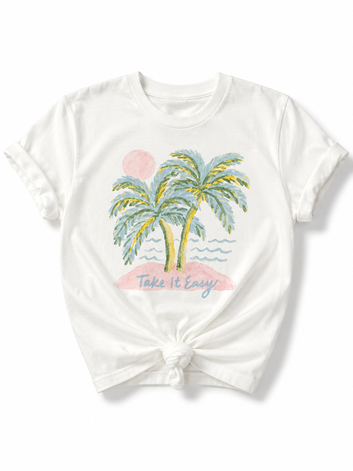 Plus/Reg Short Sleeve "Take It Easy" Palm Tree Graphic Tee