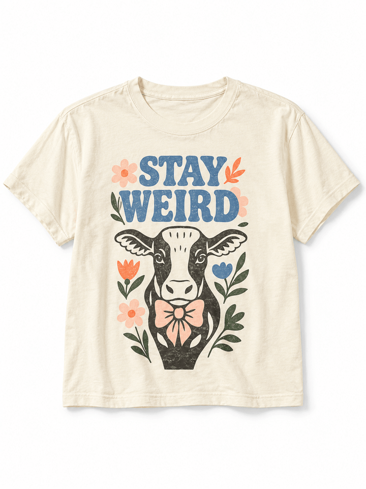 Plus/Reg Short Sleeve Stay Weird Cow Graphic Tee - Freckled Poppy
