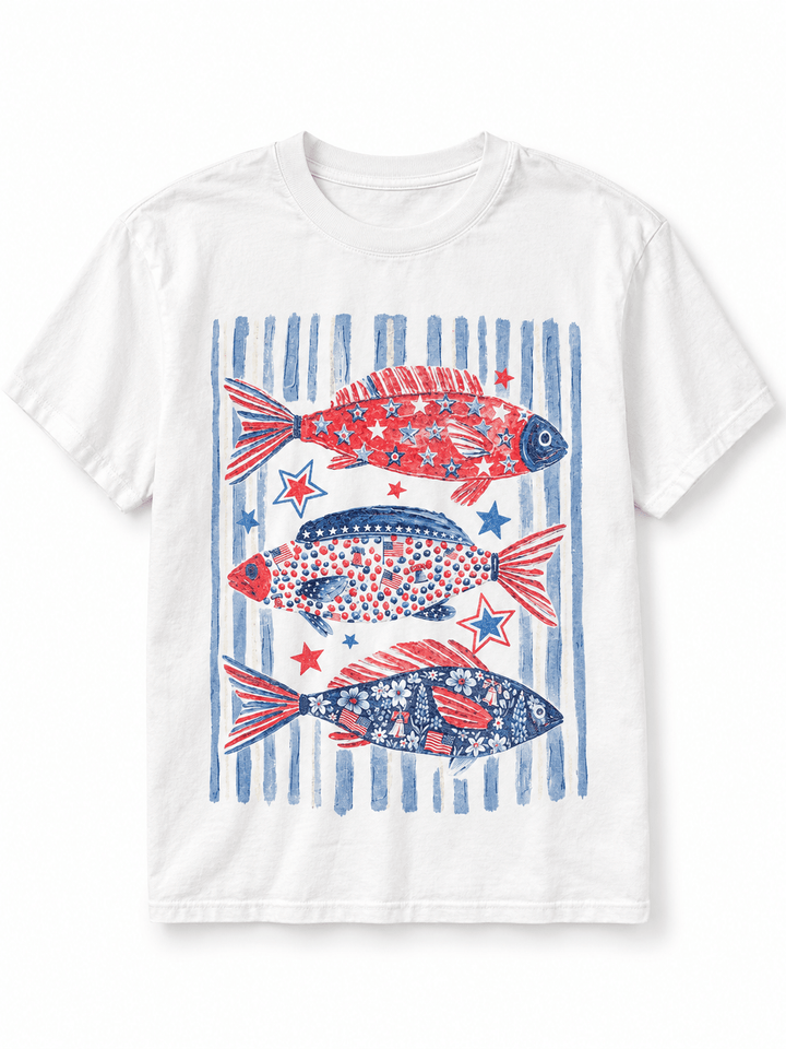 Plus/Reg Short Sleeve Patriotic Fish Graphic Tee - Freckled Poppy
