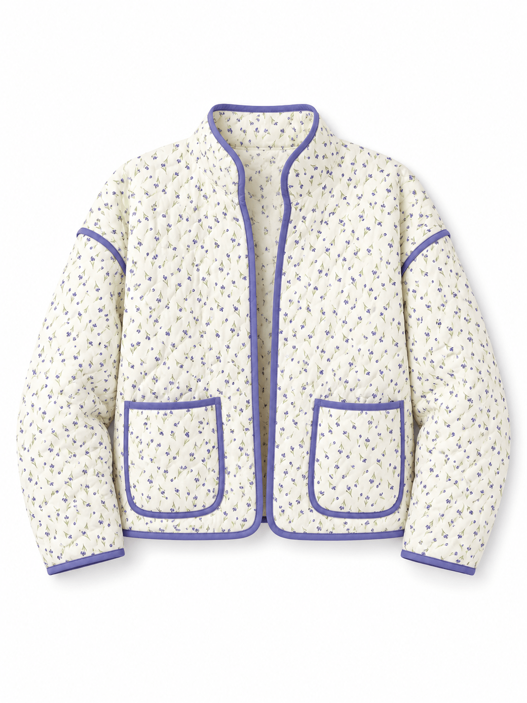 Floral Print Quilted Long Sleeve Jacket with Piping Trim - Freckled Poppy