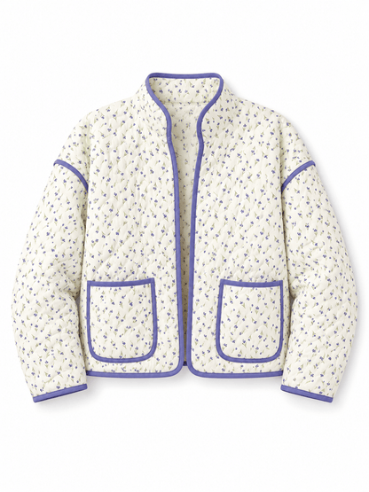 Floral Print Quilted Long Sleeve Jacket with Piping Trim - Freckled Poppy