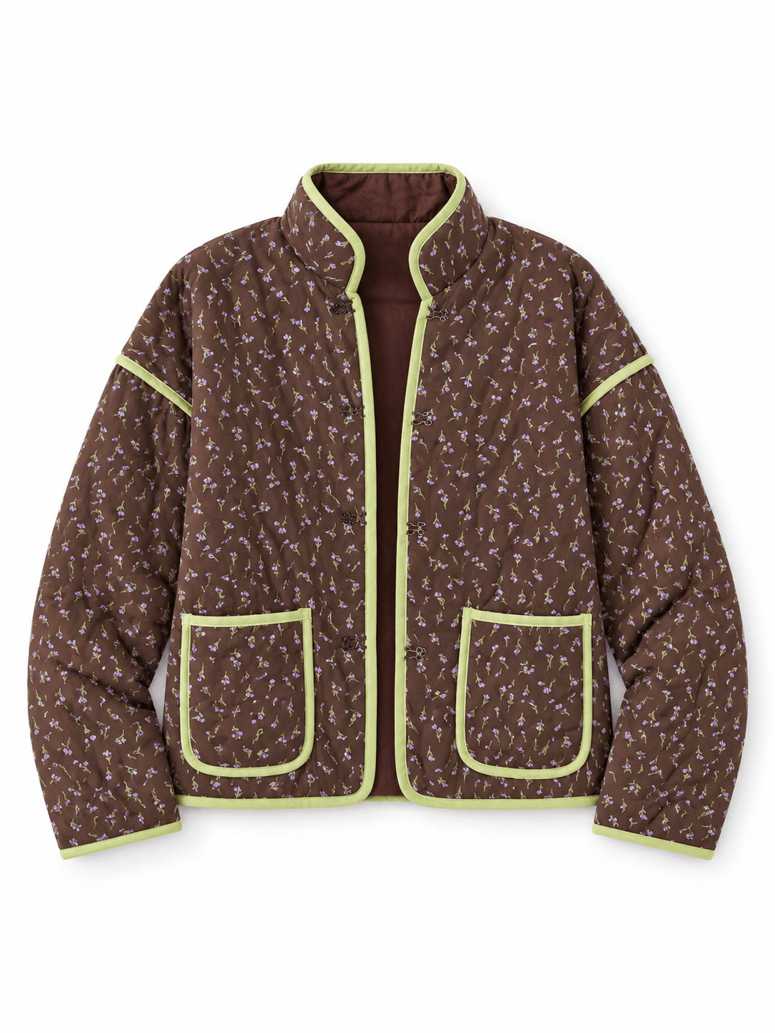 Floral Print Quilted Long Sleeve Jacket with Piping Trim - Freckled Poppy
