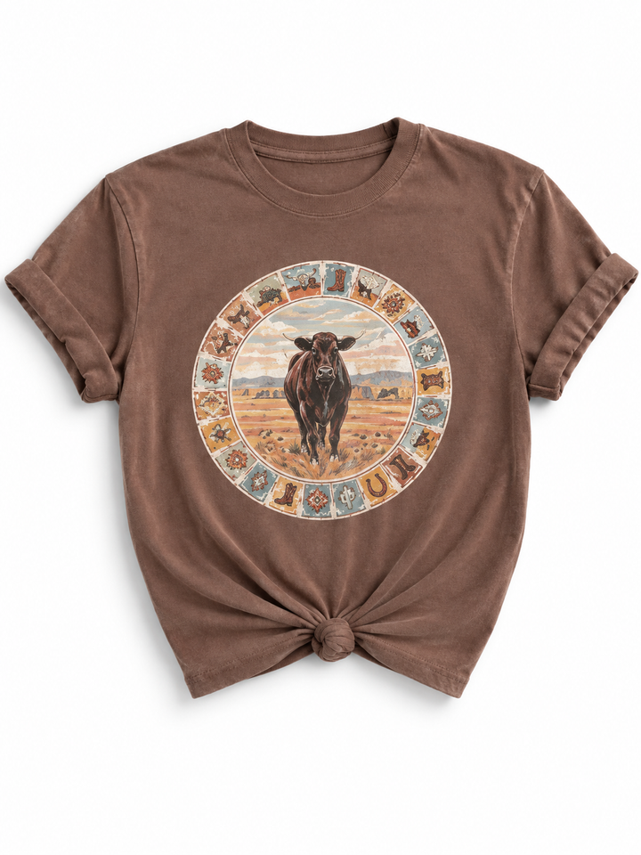 Plus/Reg Short Sleeve Cow and Stamps Western Graphic Tee