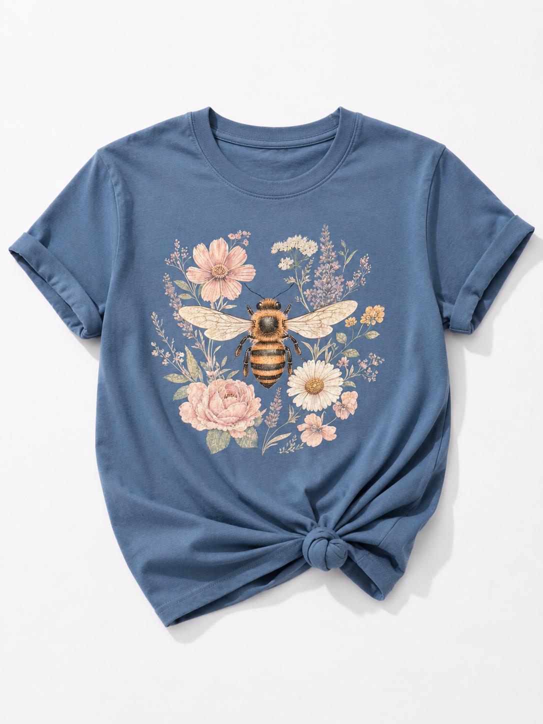 Plus/Reg Short Sleeve Vintage Honey Bee and Flowers Graphic Tee