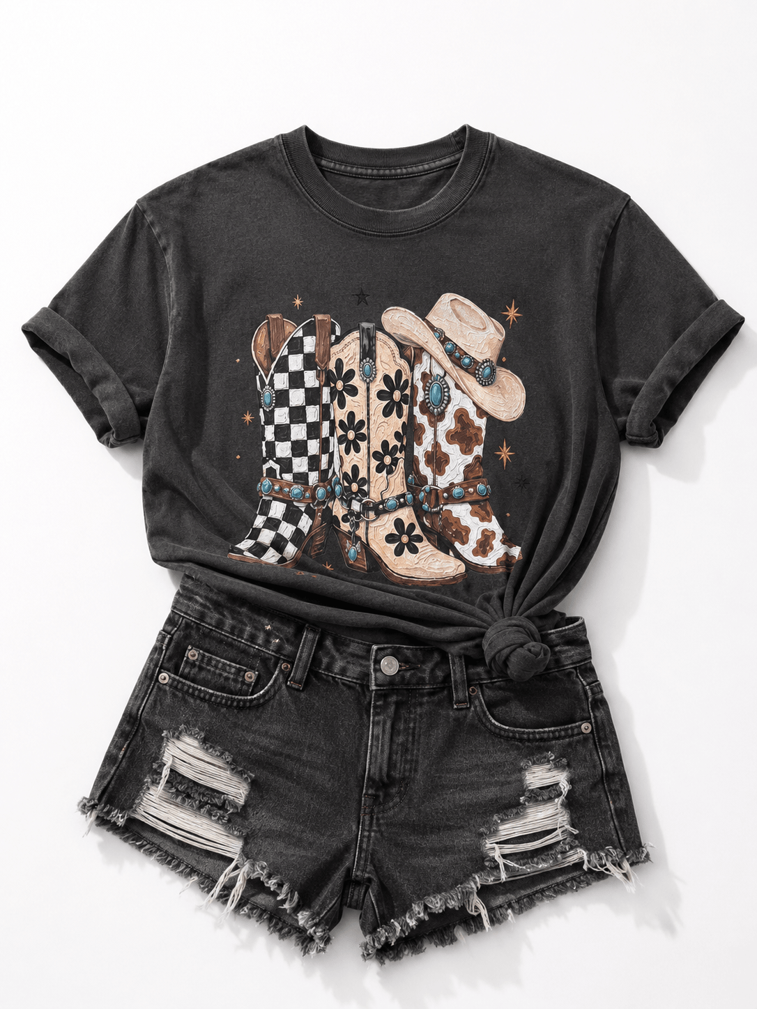 Plus/Reg Short Sleeve Multi Pattern Cowboy Boot Western Graphic Tee - Freckled Poppy