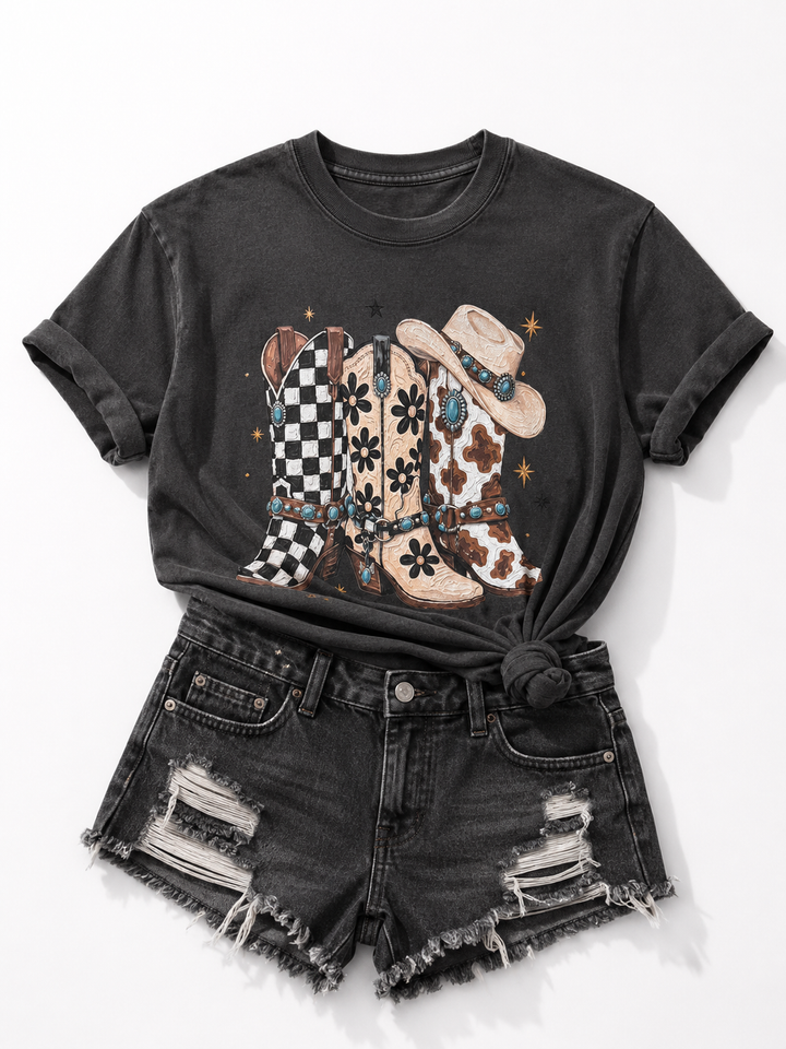 Plus/Reg Short Sleeve Multi Pattern Cowboy Boot Western Graphic Tee