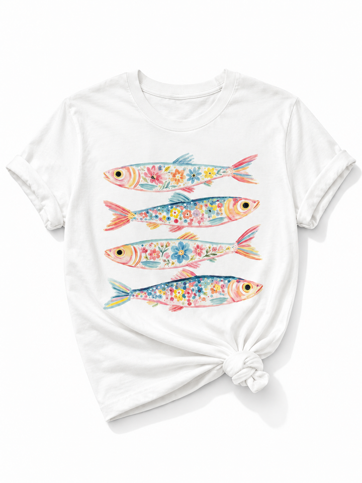 Plus/Reg Short Sleeve Water Color Floral Fish Graphic Tee