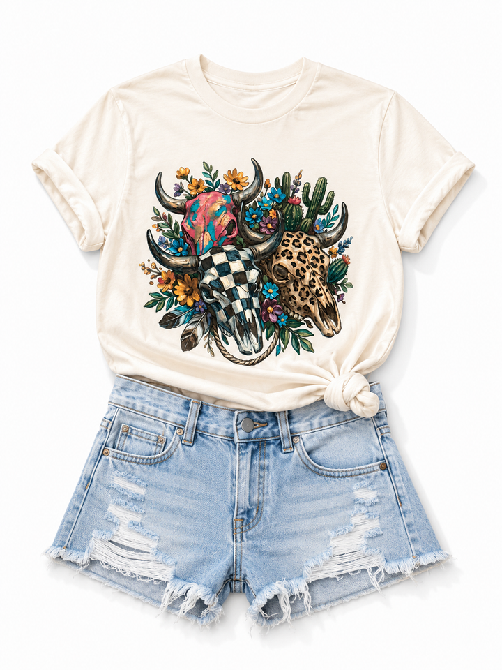Plus/Reg Short Sleeve Multi Pattern Cow Skulls Western Graphic Tee