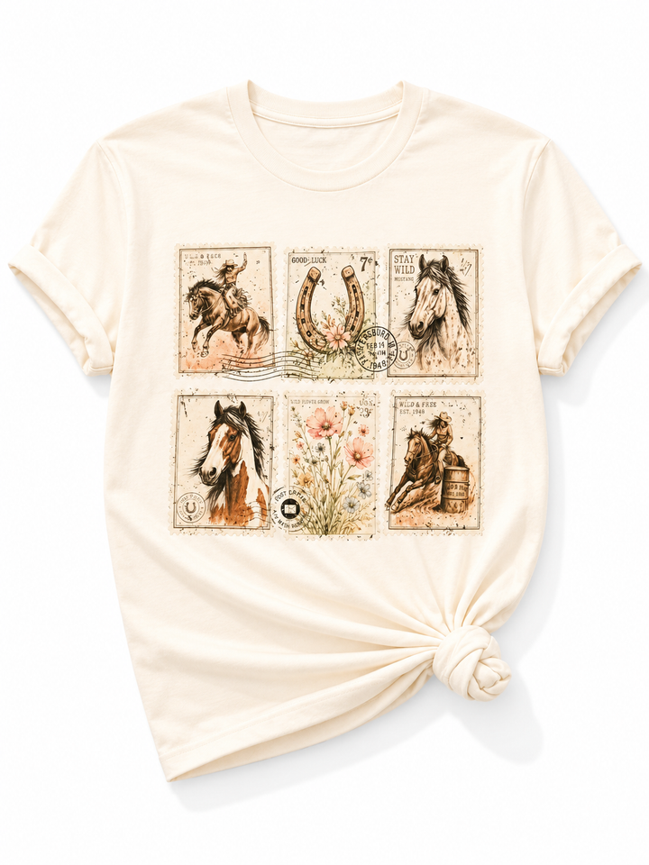 Plus/Reg Short Sleeve Rodeo Horse Stamps Western Graphic Tee