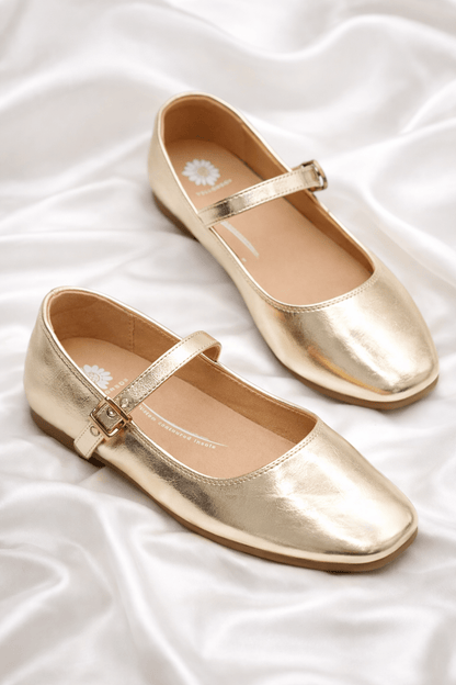 Yellow Box Metallic Vegan Leather Mary Jane Flat with Buckle Strap - Freckled Poppy