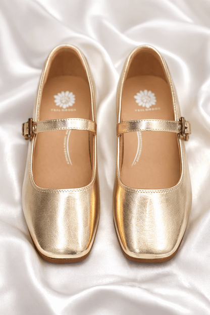 Yellow Box Metallic Vegan Leather Mary Jane Flat with Buckle Strap - Freckled Poppy