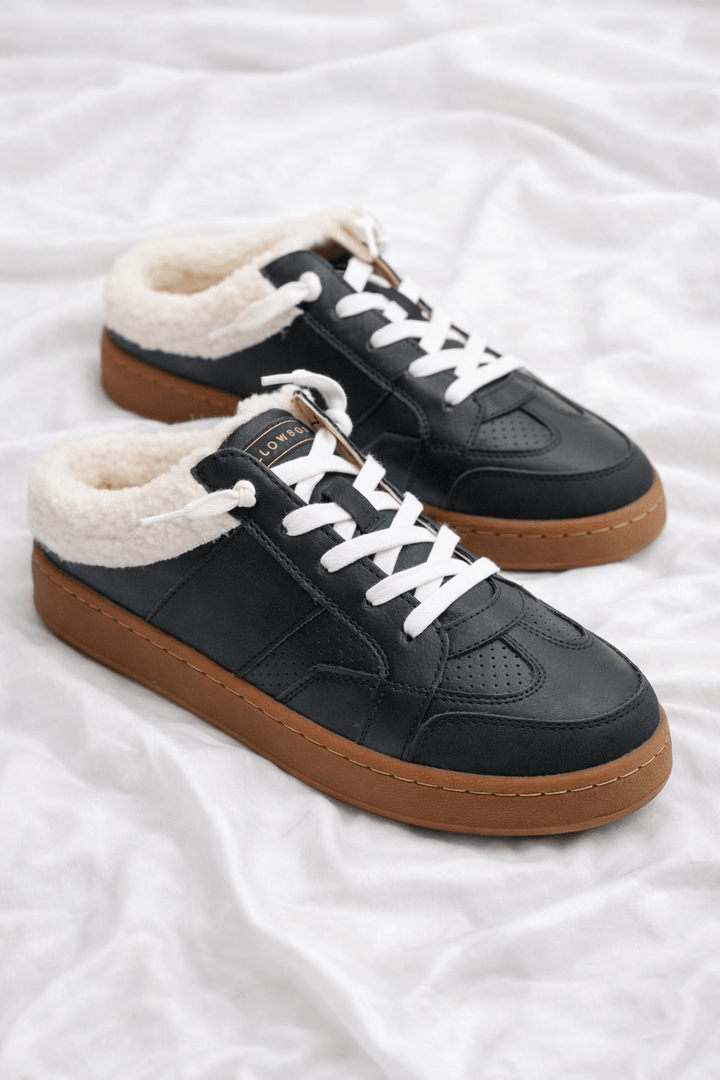 Yellow Box Shearling Lined Lace Up Mule Sneaker with Gum Sole - Freckled Poppy