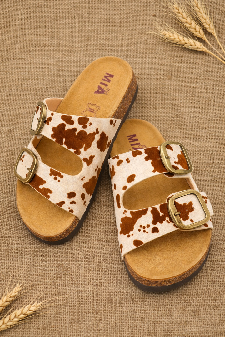 MIA Animal Print Double Buckle Cork Footbed Sandal
