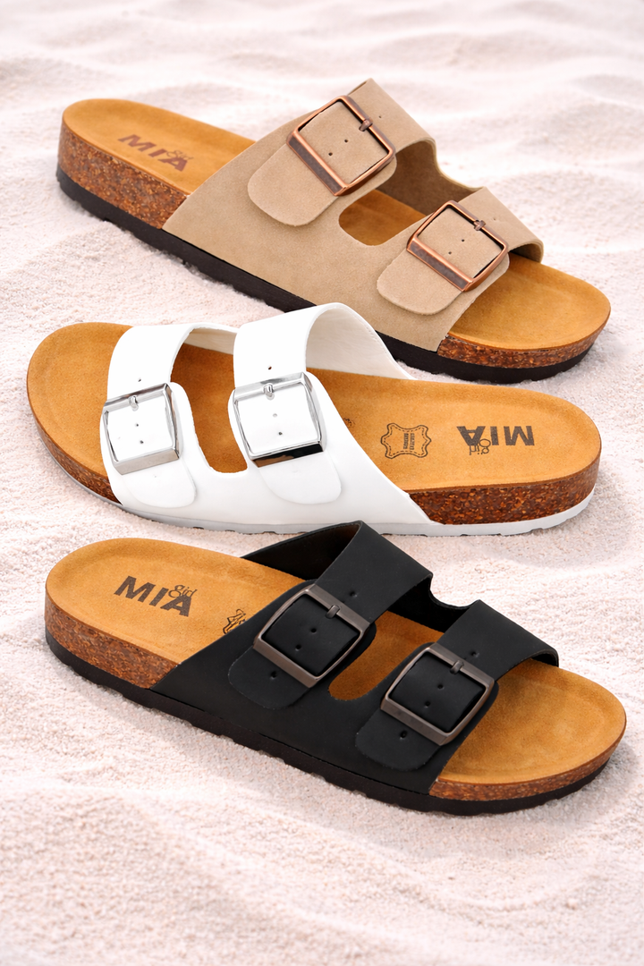 MIA Double Buckle Vegan Leather Sandal with Cork Footbed