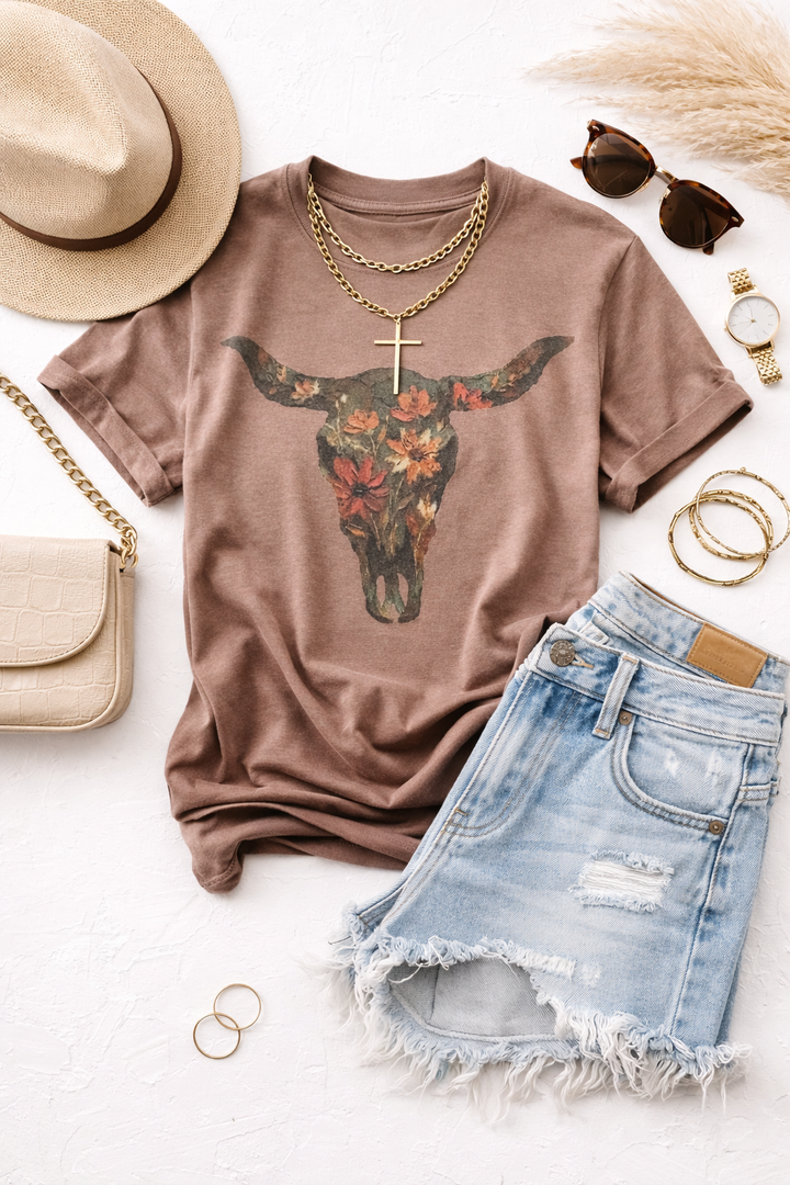 Plus/Reg Short Sleeve "Floral Longhorn" Graphic Tee