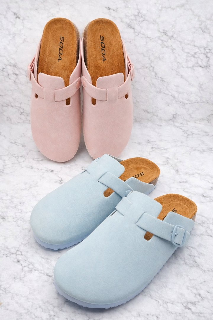 Vegan Suede Buckle Strap Closed Toe Clog Mule