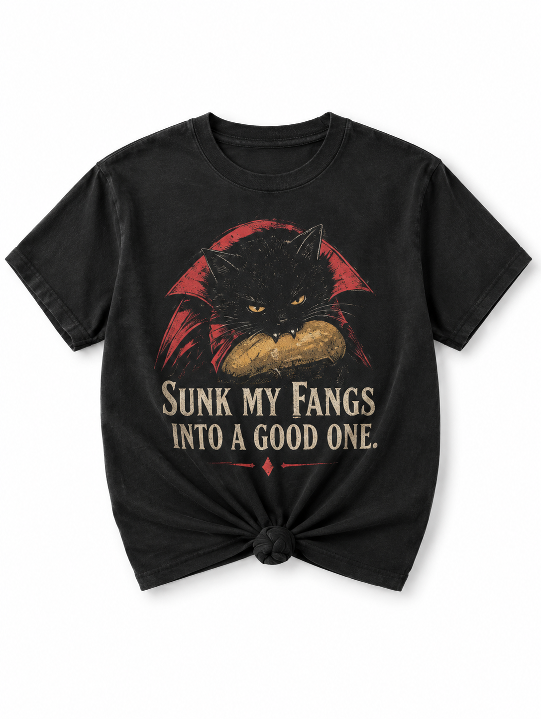 Plus/Reg Short Sleeve "Sunk My Fangs into a Good One" Vampire Cat Halloween Graphic Tee