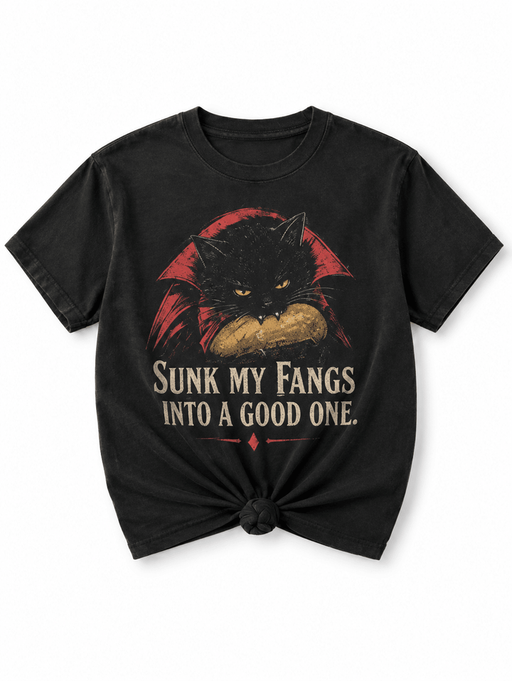 Plus/Reg Short Sleeve "Sunk My Fangs into a Good One" Vampire Cat Halloween Graphic Tee - Freckled Poppy