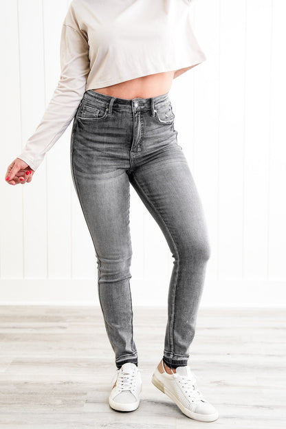 Judy Blue 50 Shades of Grey High Rise Grey Wash Tummy Control Skinny Jeans With Release  Hem
