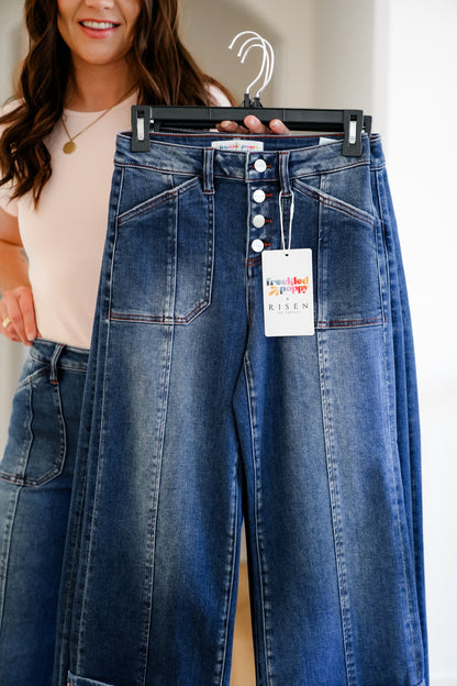 Risen Multi Inseam High Rise Dark Wash Cropped Wide Cuffed Straight Leg Jeans