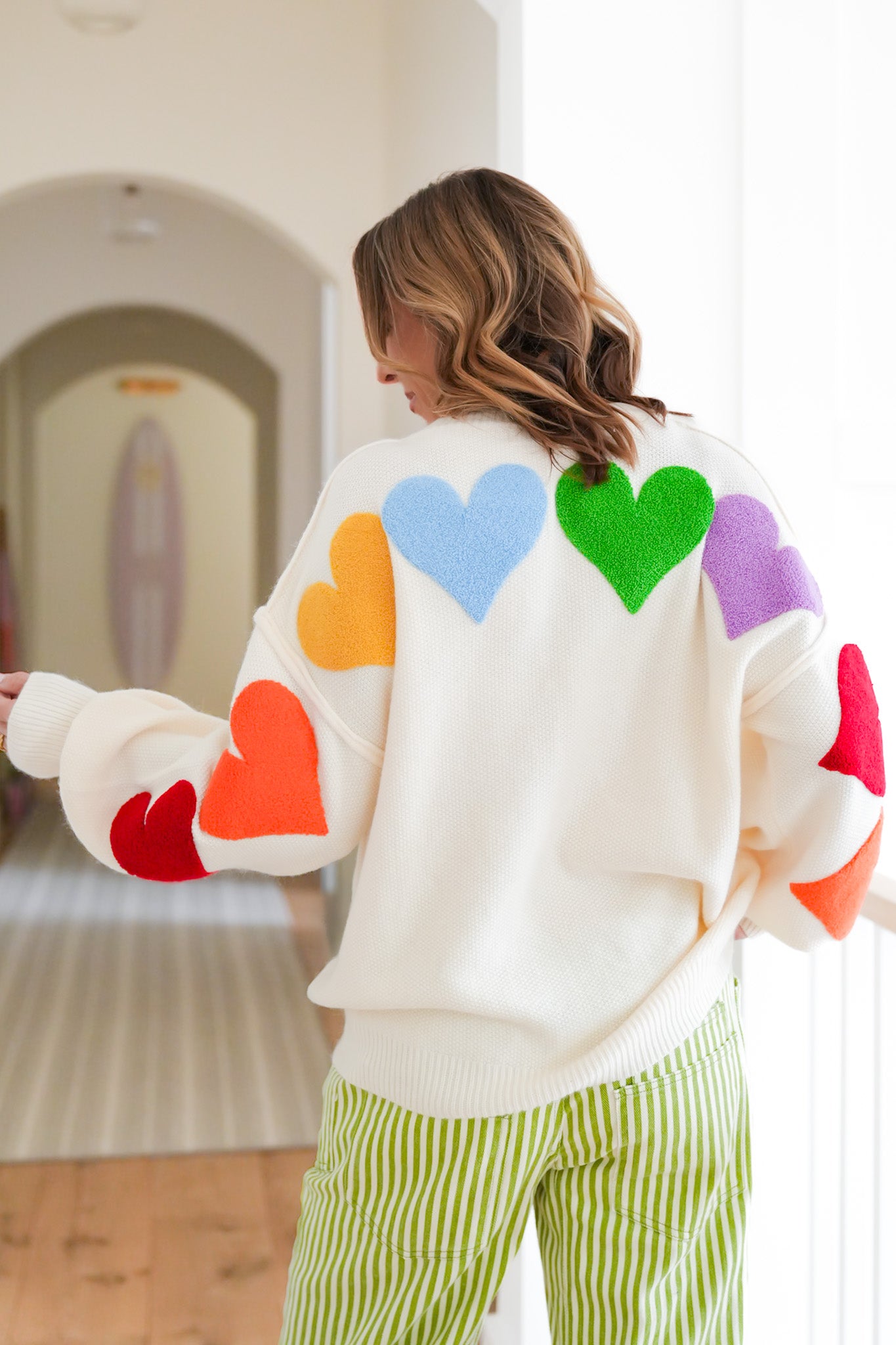 Rainbow Heart Patch Long Sleeve Pullover Sweater