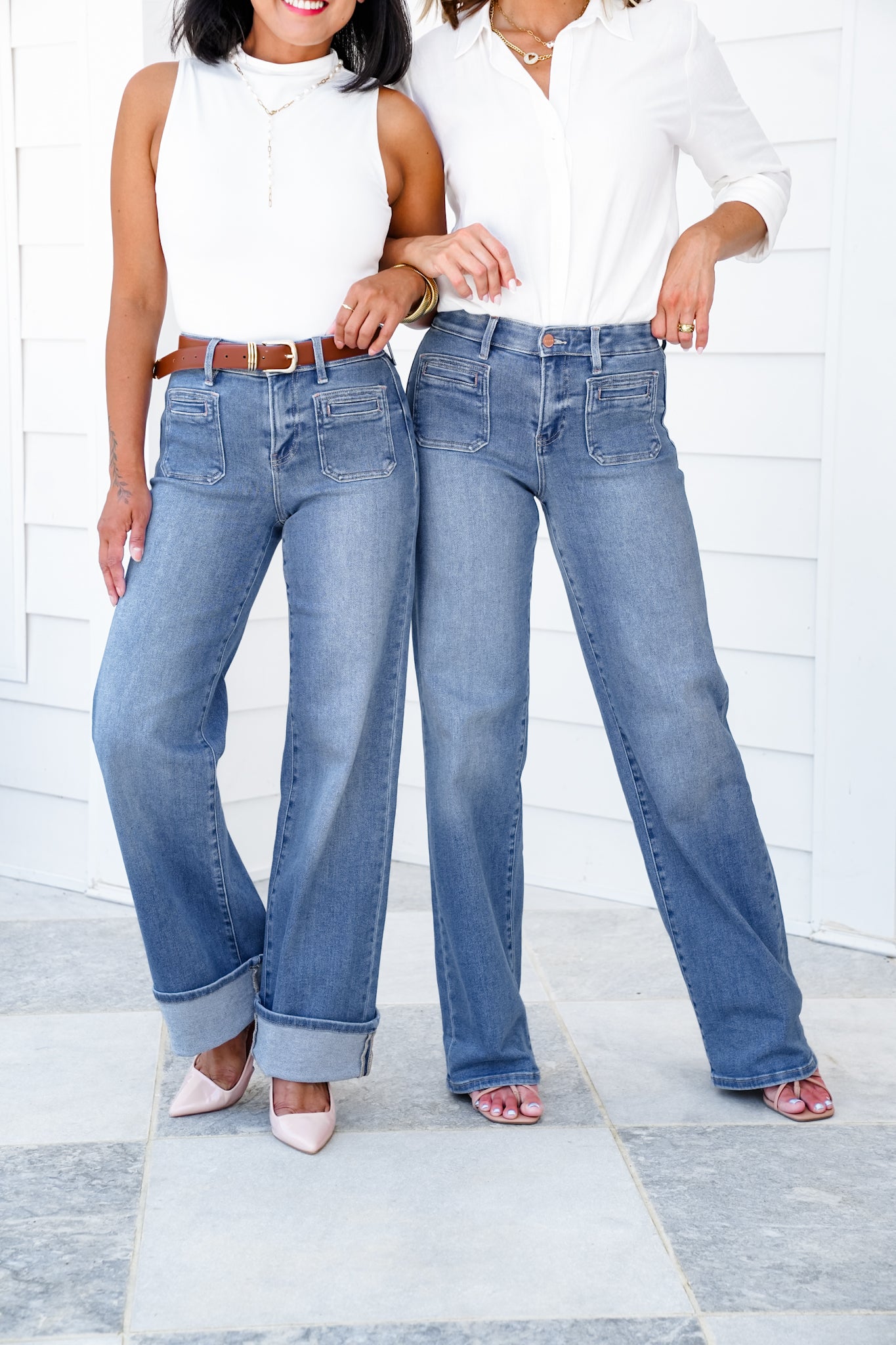 Risen High Rise Medium Wash Wide Leg Cuffed Front Patch Pocket Jeans with Elastic Waistband