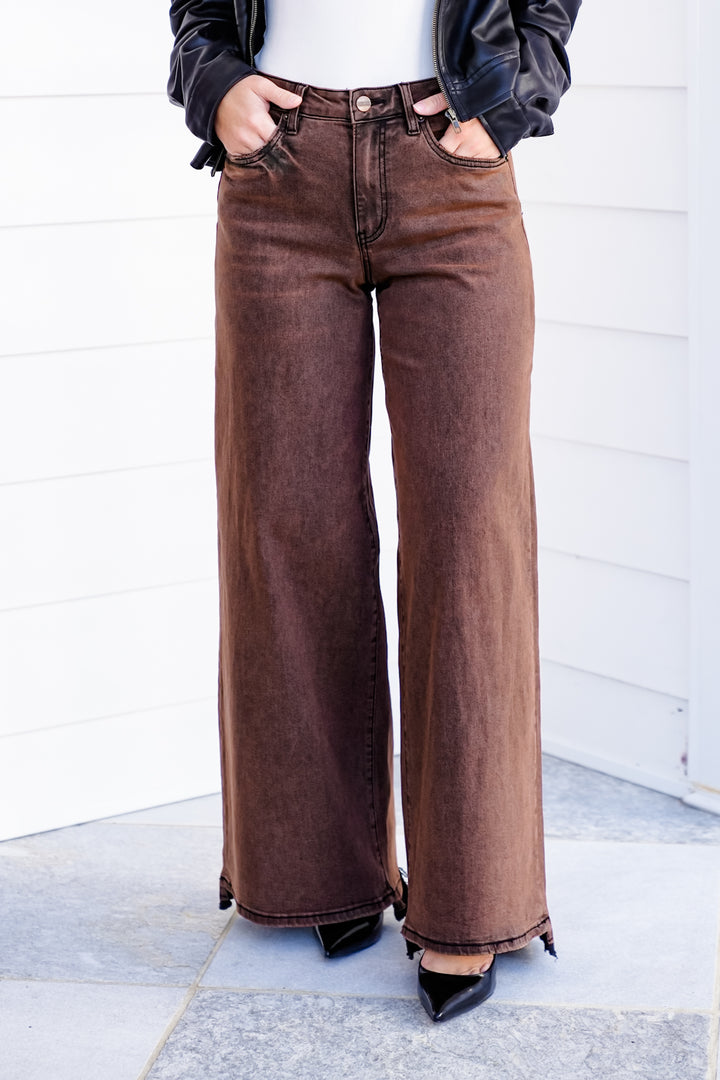 Mica Chocolate Chip High Rise Brown Vintage Wash Wide Leg Jeans