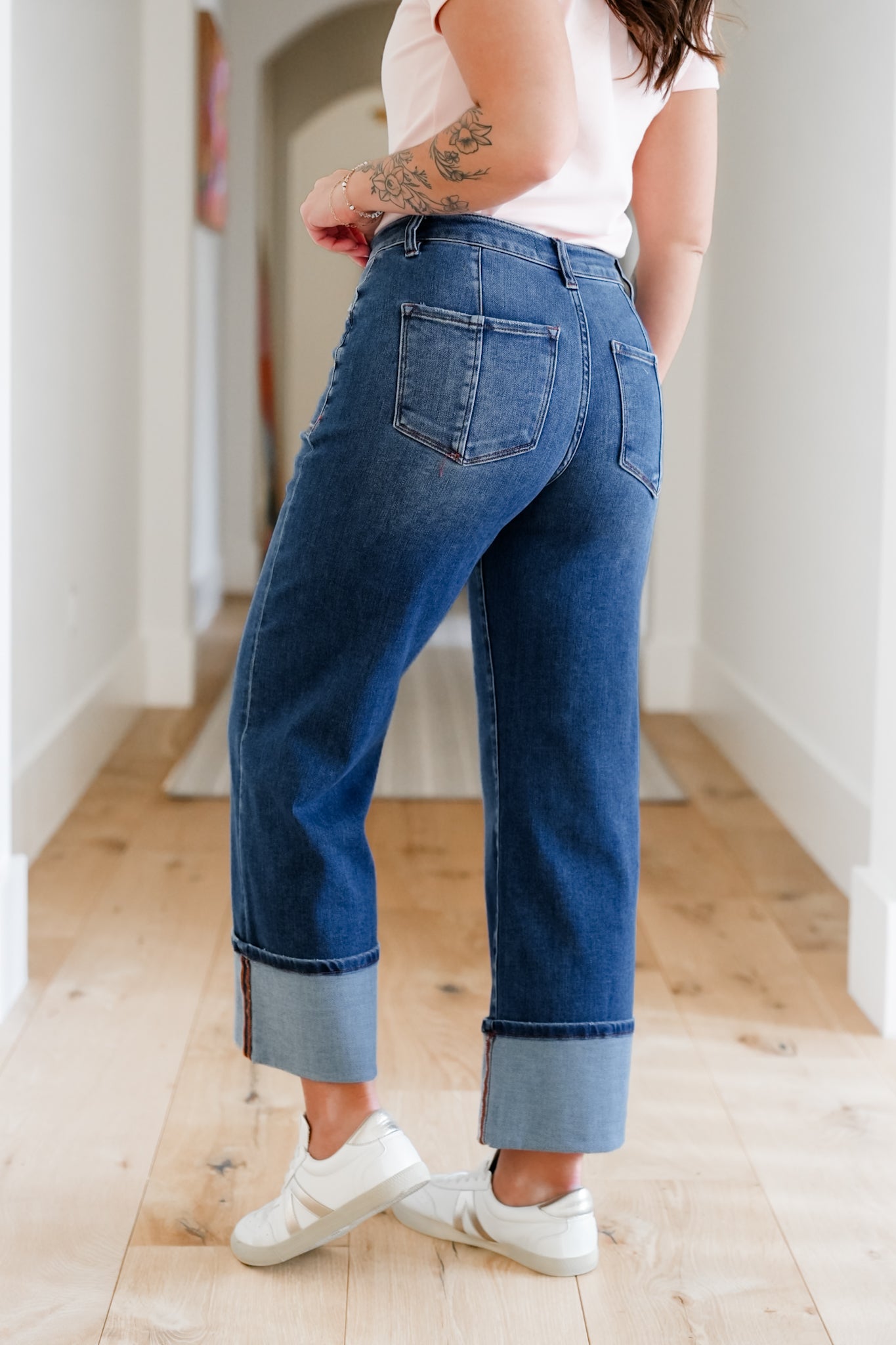 Risen Multi Inseam High Rise Dark Wash Cropped Wide Cuffed Straight Leg Jeans