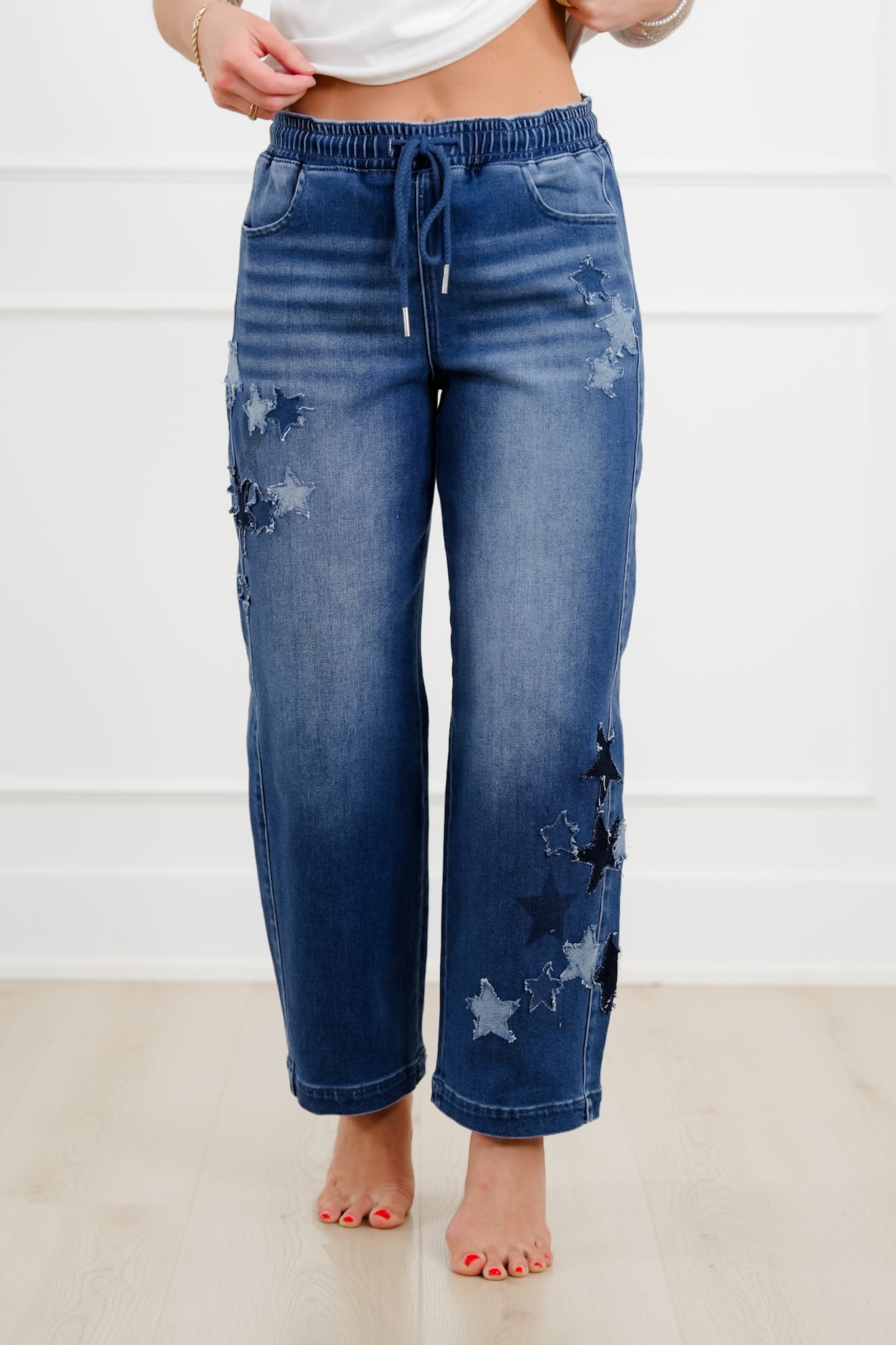 Risen Dark Wash Elastic Waistband Slouchy Barrel Star Patch Jeans